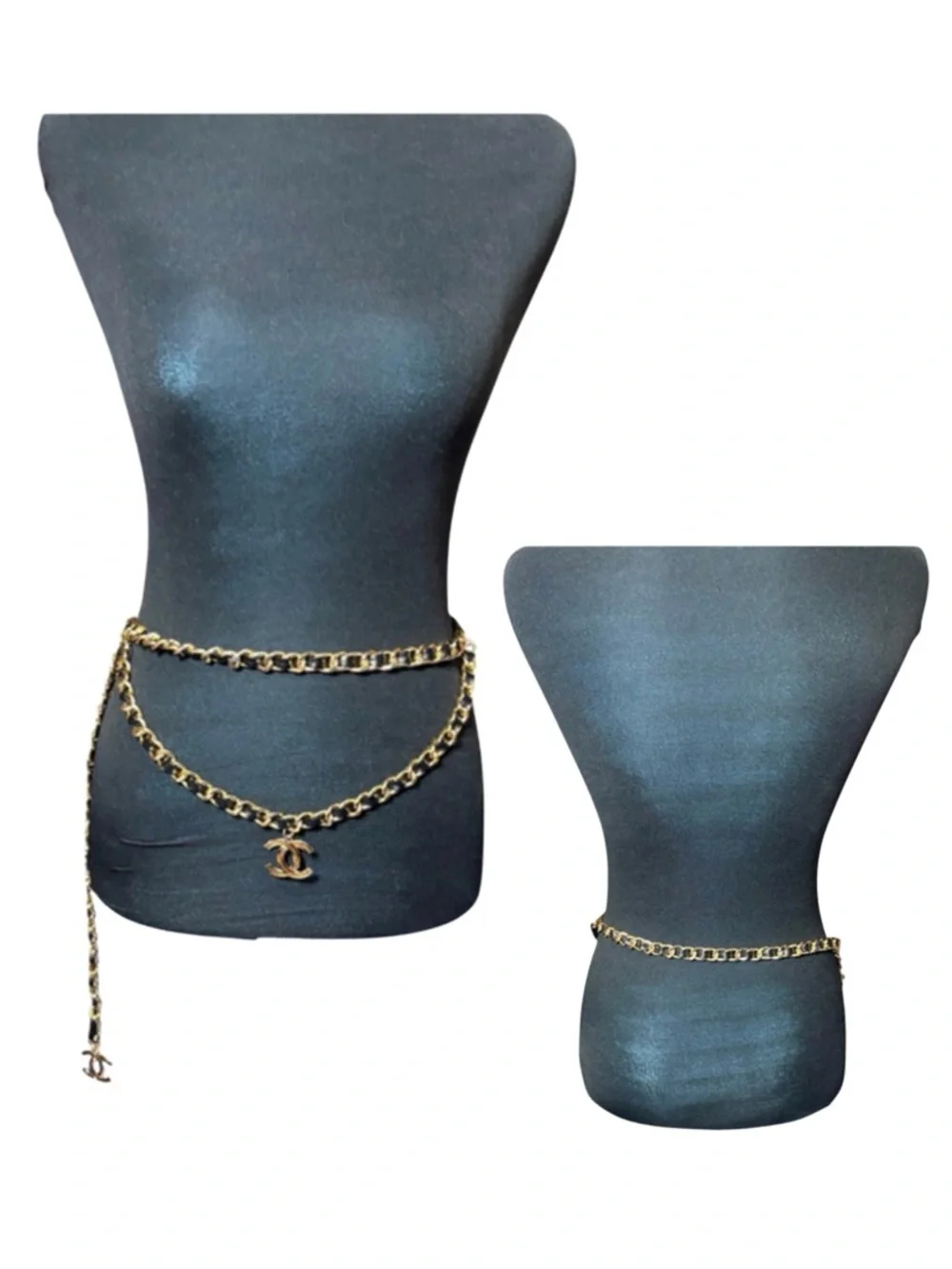 BELT: Black Pleather w/Golden Links Chain & 2 Dangling Monogram Pendants, NWOT